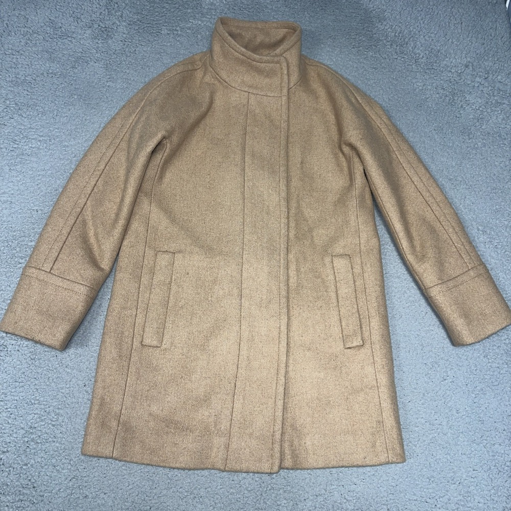 J Crew Womens City Coat Jacket Women's Sz 2 Petite Beige Wool Blend Funnel Neck